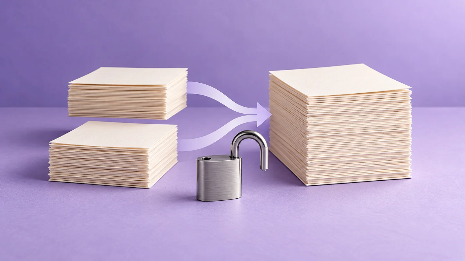 An open padlock beside two document stacks and one combined stack