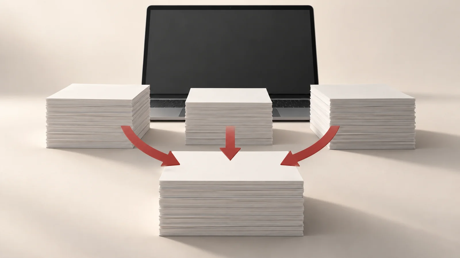 Separate document stacks beside a laptop, with a single combined stack in the foreground