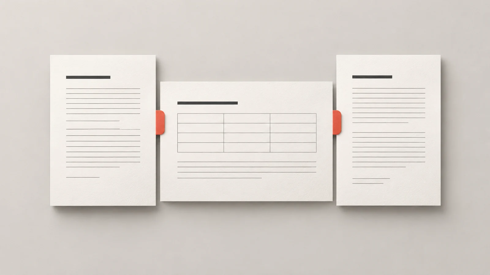 Portrait and landscape paper sheets arranged into one document with coral page markers