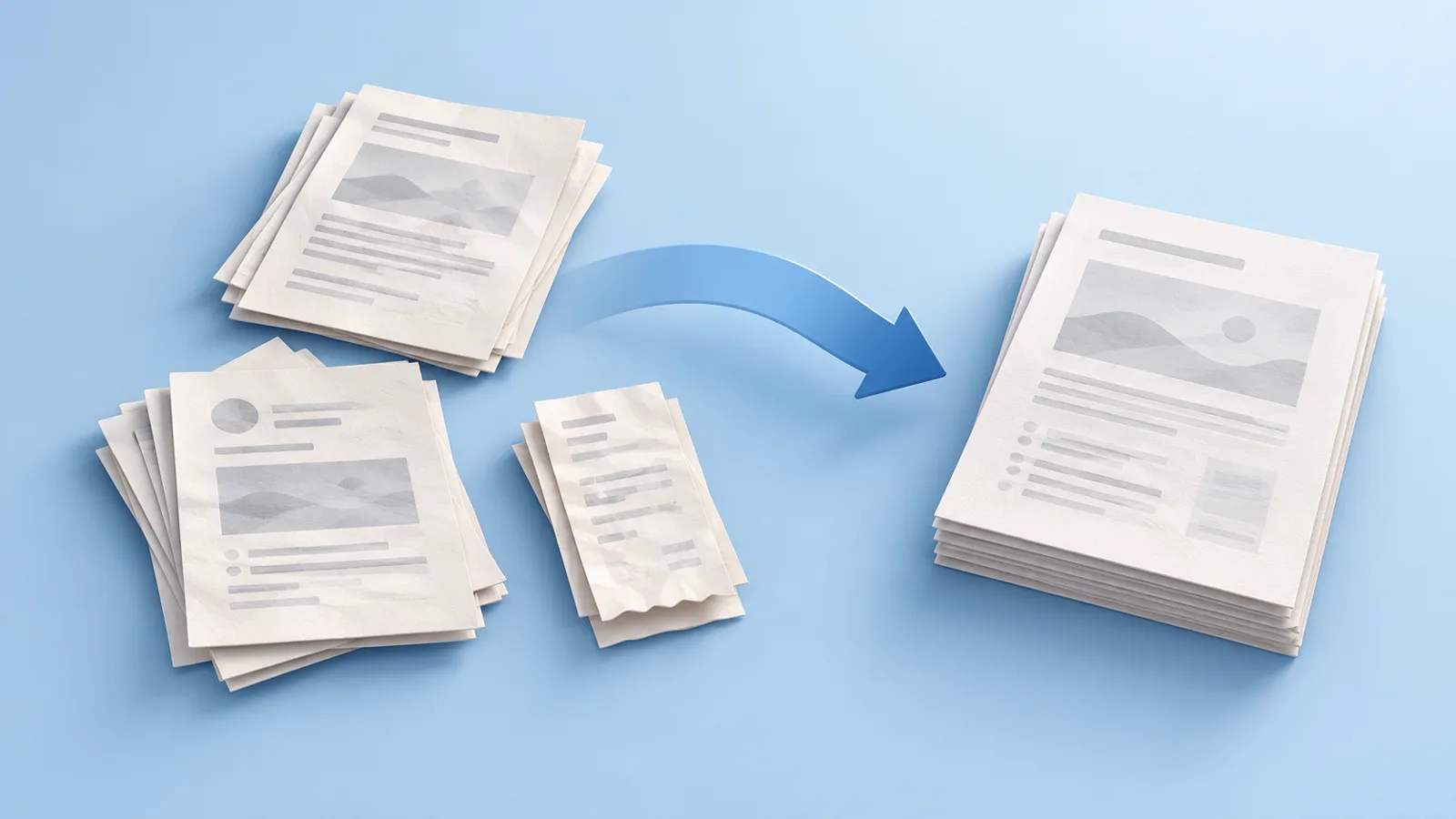 Separate scanned document sheets arranged into one tidy packet on a pale blue desk