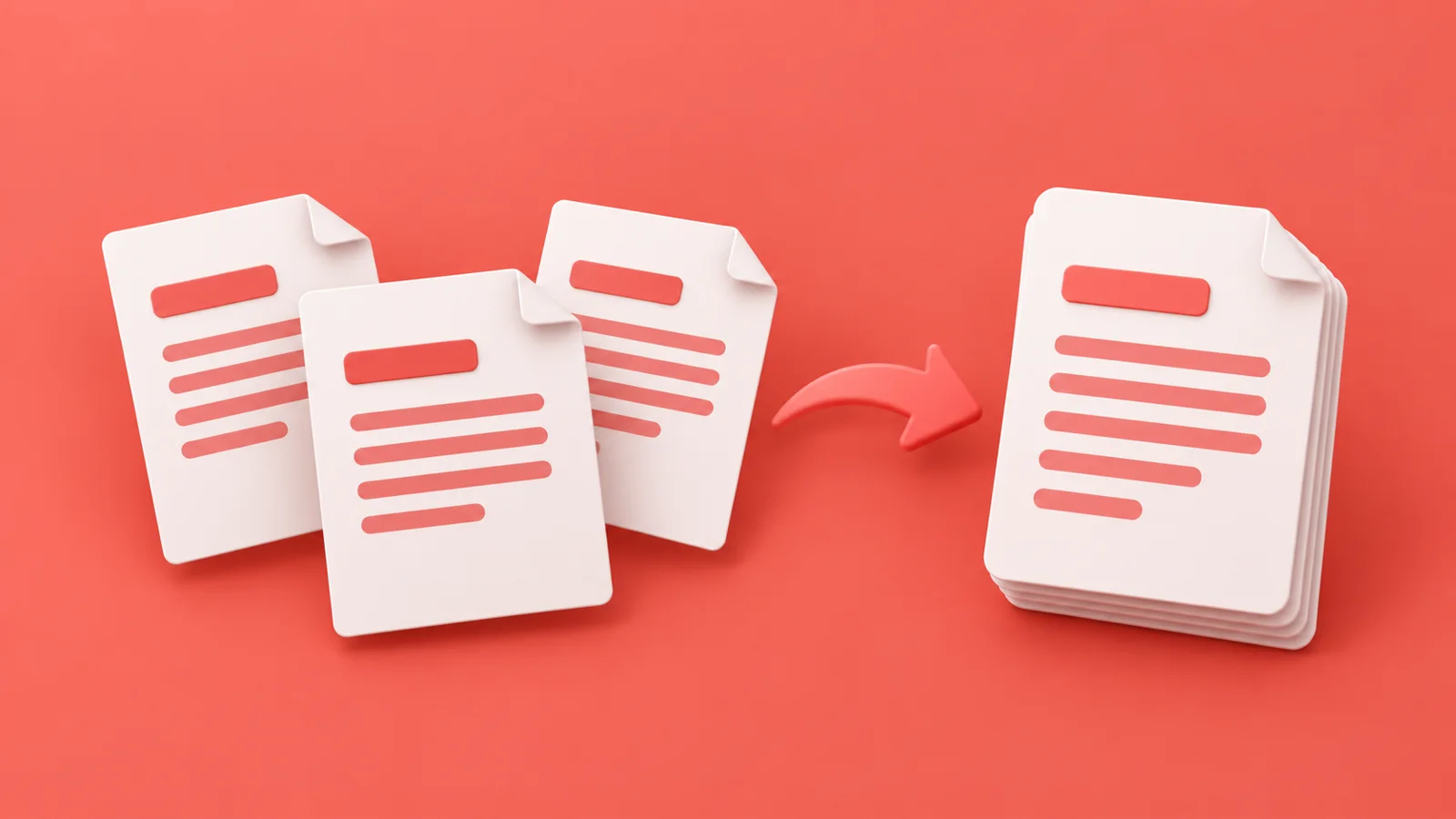 Separate red document sheets becoming one ordered PDF packet